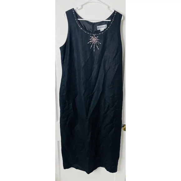 Vtg Jessica Howard Maxi Dress 16 Linen Blend Black Beaded Boho Breathable Beachy - Picture 1 of 10